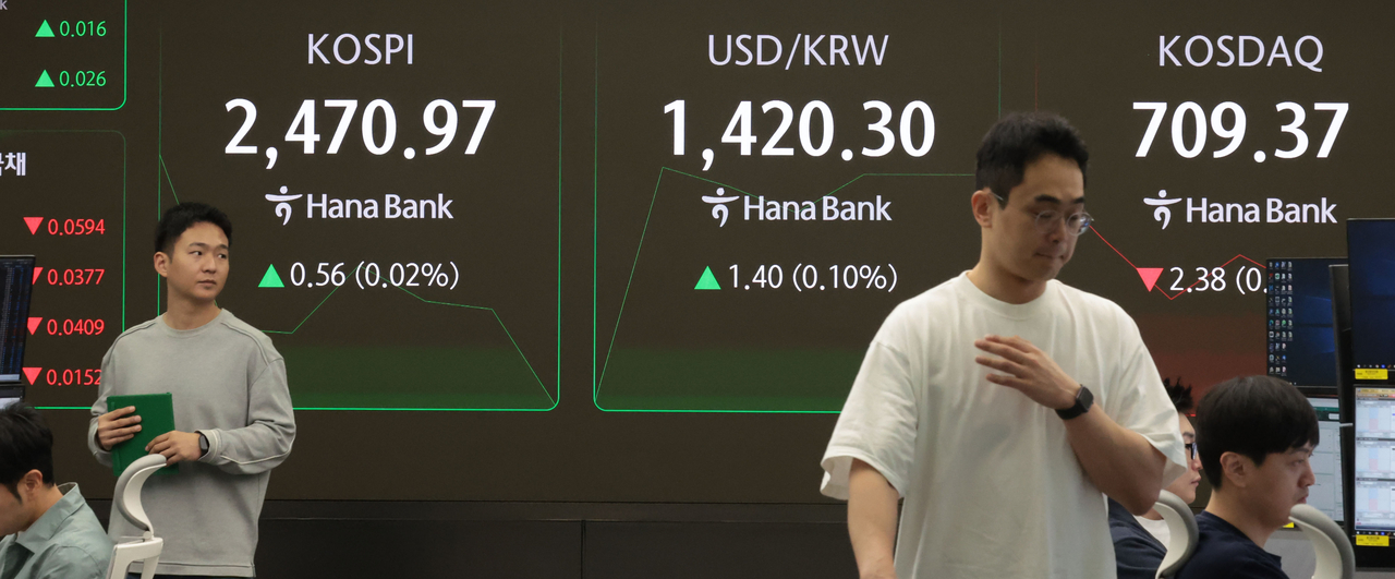 18일 서울 중구 하나은행 본점 딜링룸 현황판에 코스피 지수 등이 표시되고 있다.  이날 코스피 지수는 전 거래일 대비 2.89포인트(0.12%) 오른 2,473.30에, 코스닥은 1.77포인트(0.25%) 오른 713.52에 개장했다. [연합]