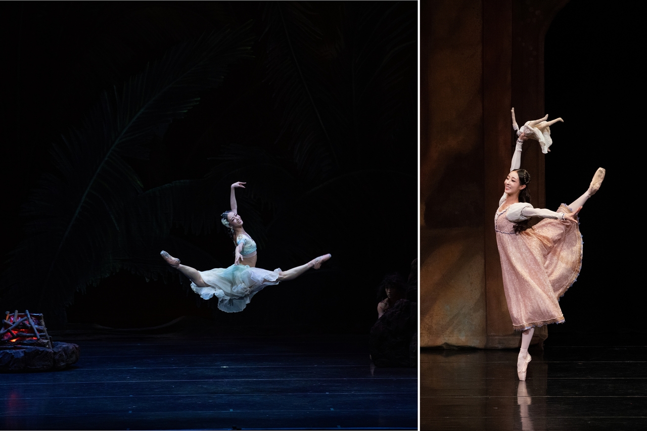 Lee You-rim performs as Nikiya (left) in “La Bayadere” and as Juliet in "Romeo and Juliet." (Universal Ballet)