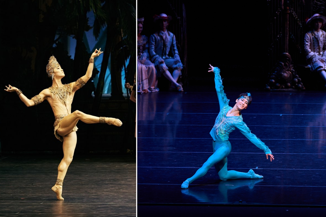 Lim Sun-u performs as Golden Idol (left) in "La Bayadere" and as Bluebird in "Sleeping Beauty." (Universal Ballet)