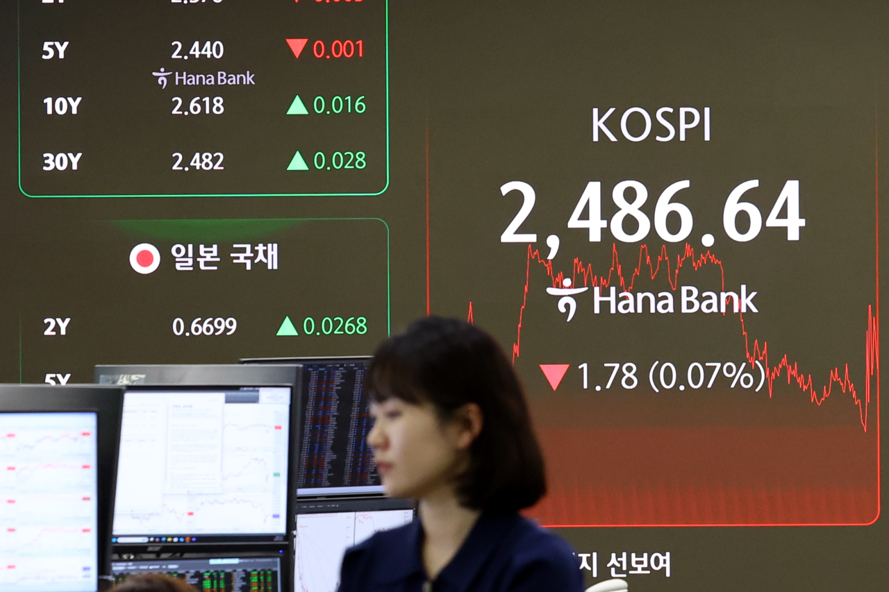 An electronic board showing the Korea Composite Stock Price Index at a dealing room of the Hana Bank headquarters in Seoul on Tuesday. (Newsis)