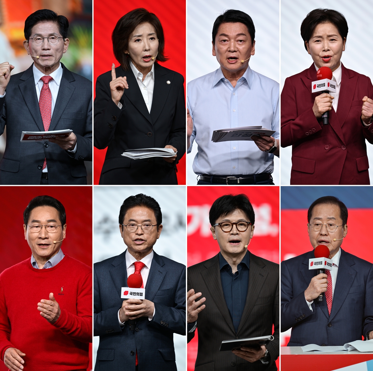 국민의힘 대선 경선 후보들이 18일 서울 강서구 ASSA아트홀에서 열린 국민의힘 ‘제21대 대통령후보자 1차 경선 비전대회’에서 비전을 발표하고 있다. 윗줄 왼쪽부터 김문수·나경원·안철수·양향자 후보. 아랫줄 왼쪽부터 유정복·이철우·한동훈·홍준표 후보. [연합]
