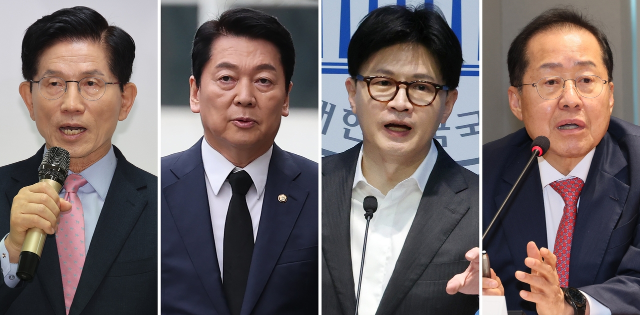 국민의힘 대선 후보 경선 선거관리위원회는 22일 2차 경선에 진출할 4명의 후보를 발표했다. 첫번째 컷오프를 통과한 ‘4강 후보’에는 김문수·안철수·한동훈·홍준표 후보(가나다순)가 이름을 올렸다. 사진은 이날 각 후보들의 모습. [연합]