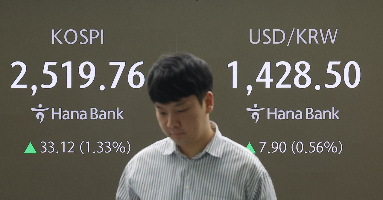 An electronic board showing the Korea Composite Stock Price Index at a dealing room of the Hana Bank headquarters in Seoul on Wednesday. (Yonhap)