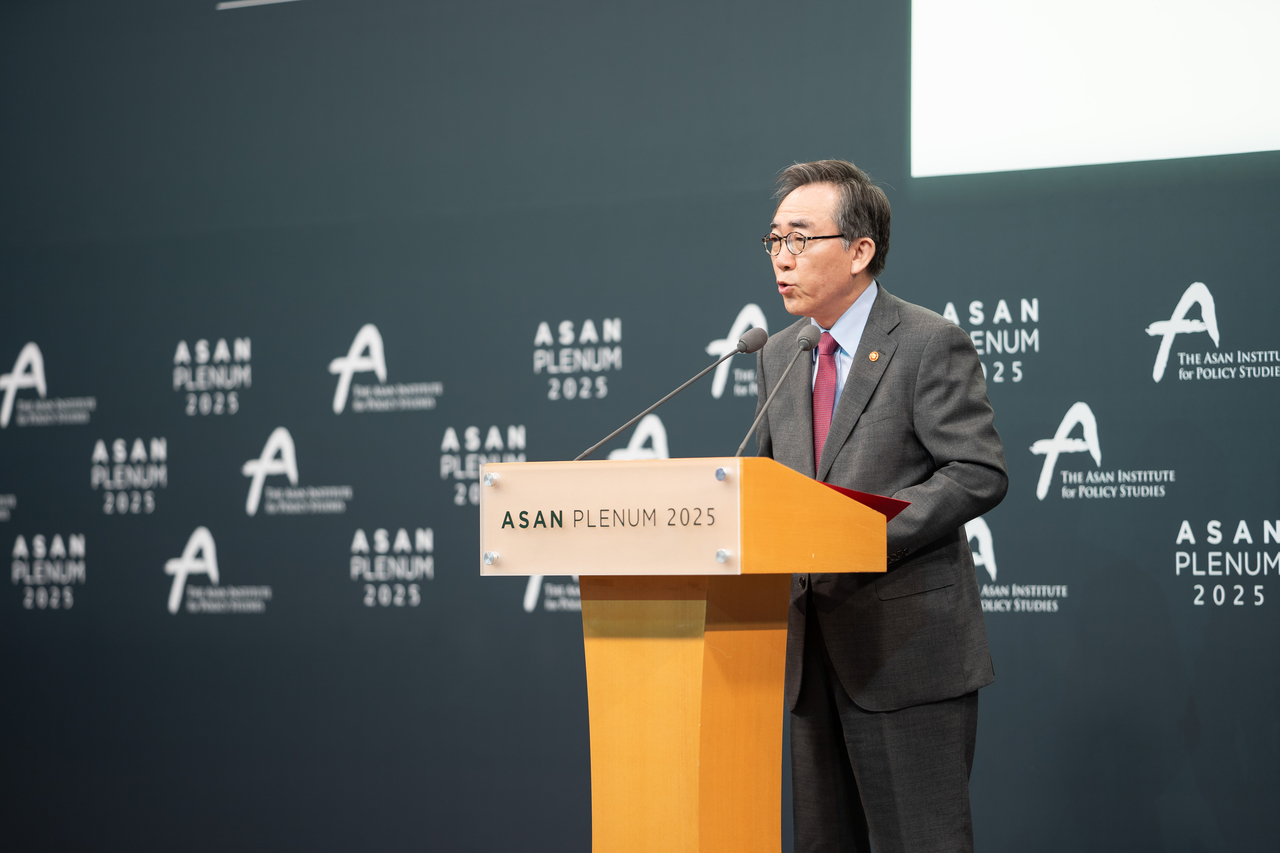 South Korean Foreign Minister Cho Tae-yul speaks during Asan Plenum 2025 hosted by the Asan Institute for Policy Studies on Wednesday at the Grand Hyatt Seoul. (Asan Institute for Policy Studies)