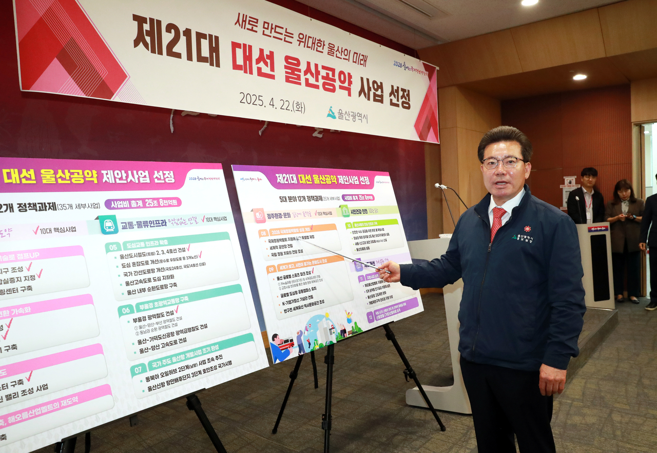 임현철 울산시 대변인이 22일 울산시청 프레스센터에서 제21대 대선 울산공약사업을 발표하고 있다. [울산시 제공]