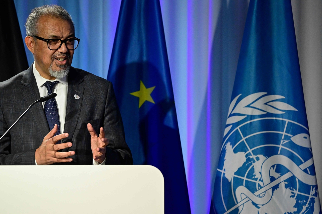 World Health Organization Director-General Tedros Adhanom Ghebreyesus delivers a speech during the Global Health in Transition 2025 event in Berlin, April 2.   (AFP-Yonhap)