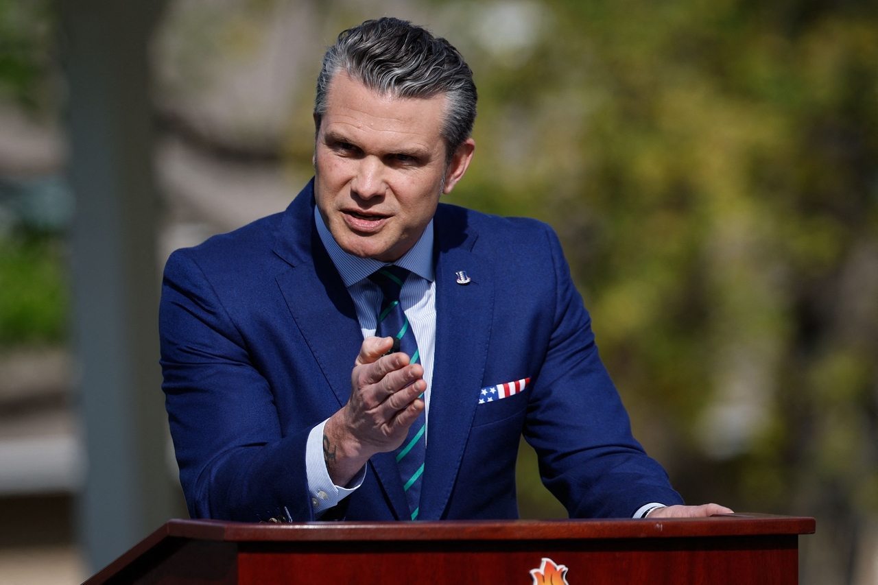 US Secretary of Defense Pete Hegseth delivering remarks at the US Army War College in Carlisle, Pennsylvania on Wednesday. (AFP-Yonhap)