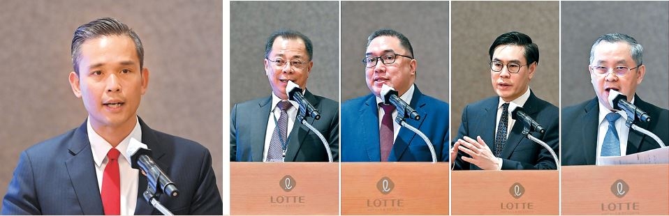쑥싯 시촘끄완(왼쪽 첫 번째부터) 태국 총리실 부사무총장과 쭐라 쑥마놉 태국 동부경제회랑(EEC) 사무총장과 소라폰 뚤라야사틴 태국증권거래소(SET) 수석부사장, 부린 아둔왓따나 카시콘 리서치센터 대표이사, 차이야릿 아누싯워라웡 태국 방콕은행 수석부사장이‘한·태 비즈니스 포럼’에서 주제발표를 하고 있다. 임세준 기자