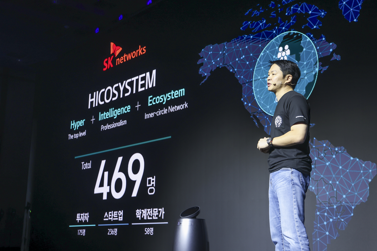 SK Networks Chief Operating Officer Choi Sung-hwan, who serves as executive advisor to NamuhX, speaks during the launch event of the new robotics brand in Seoul on Wednesday. (SK Networks)