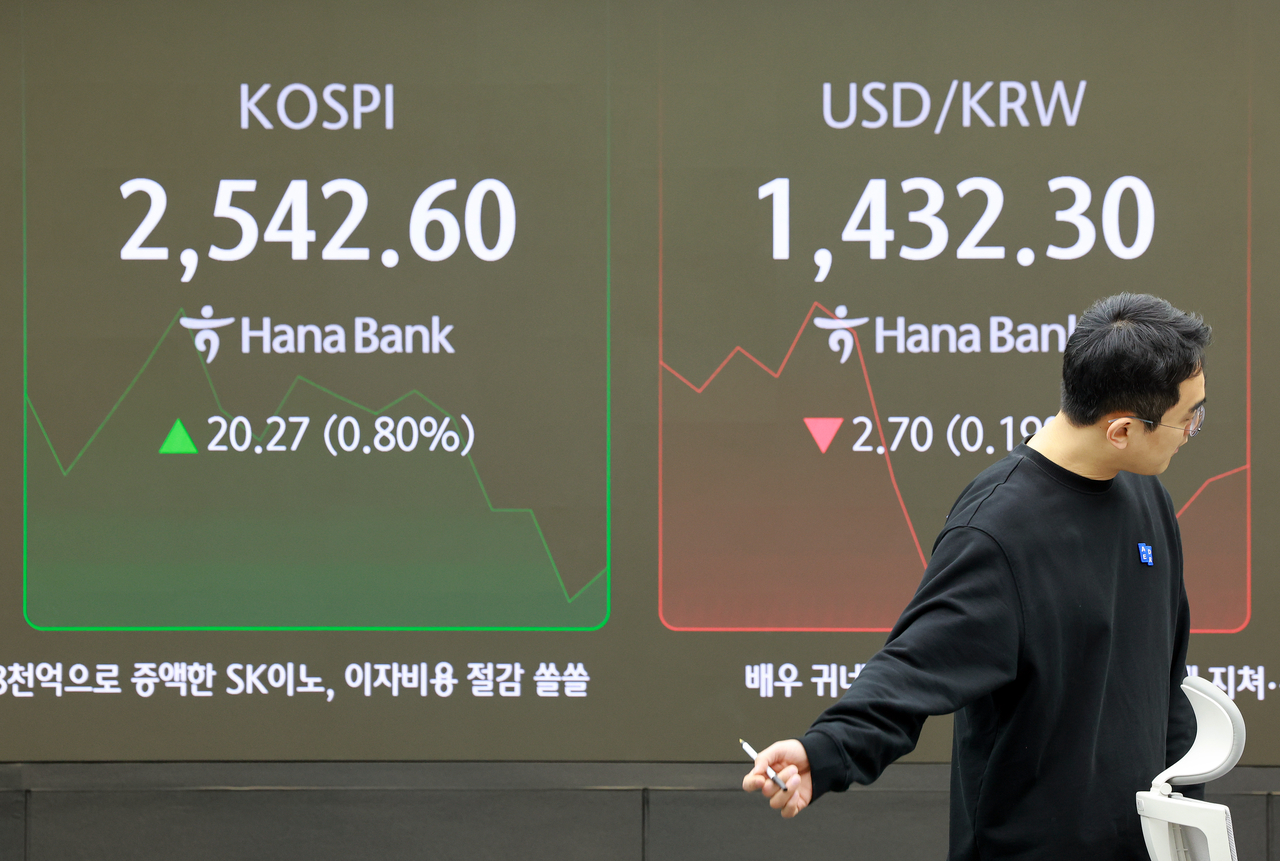 An electronic board showing the Korea Composite Stock Price Index at a dealing room of the Hana Bank headquarters in Seoul on Friday. (Yonhap)