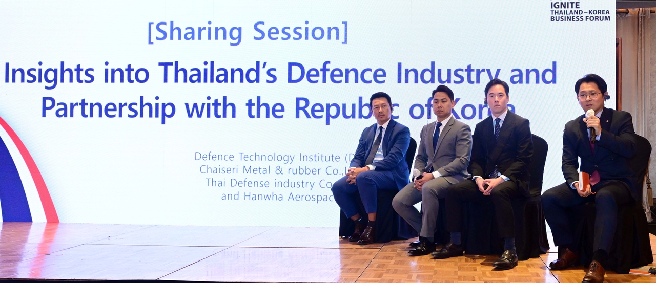 From left: Chatchapong Punpayak, business development director at Thailand's Defense Technology Institute; Manusak Preechaporn, director of the policy and strategy management division at the Defense Technology Institute; Krit Koolhiran, assistant managing director at Chaiseri Metal and Rubber; and Jung O-sung, deputy general manager at Hanwha Aerospace, take part in a Q&A session during the Ignite Thailand-Korea Business Forum at Lotte Hotel Seoul on Wednesday. (Lee Sang-sub/The Korea Herald)