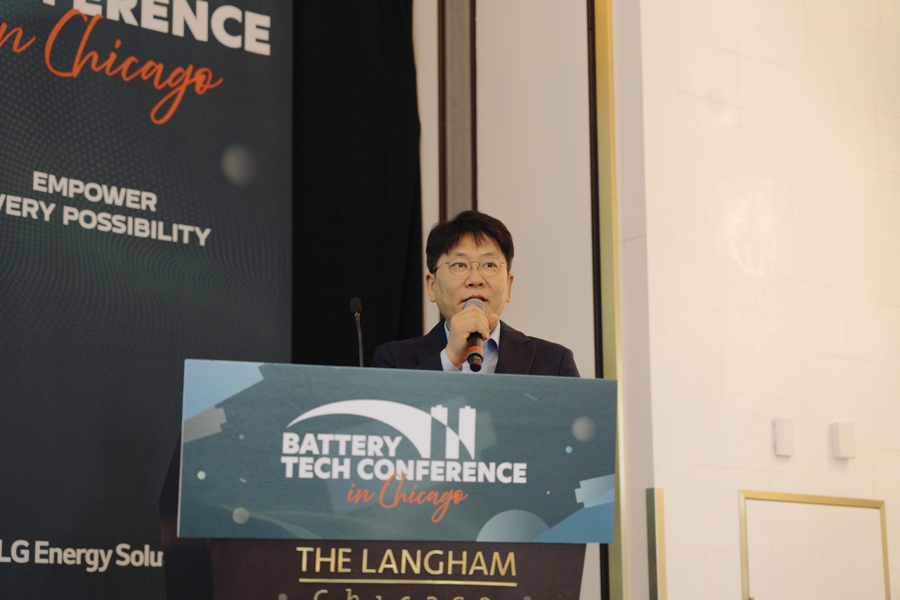LG Energy Solution CEO Kim Dong-myung gives a speech during Battery Tech Conference on Saturday in Chicago (LG Energy Solution)