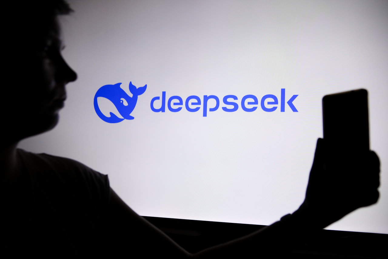The DeepSeek logo with a person holding a phone in their hand is seen in Knurow, Poland, on Apr. 20. (Getty Images)