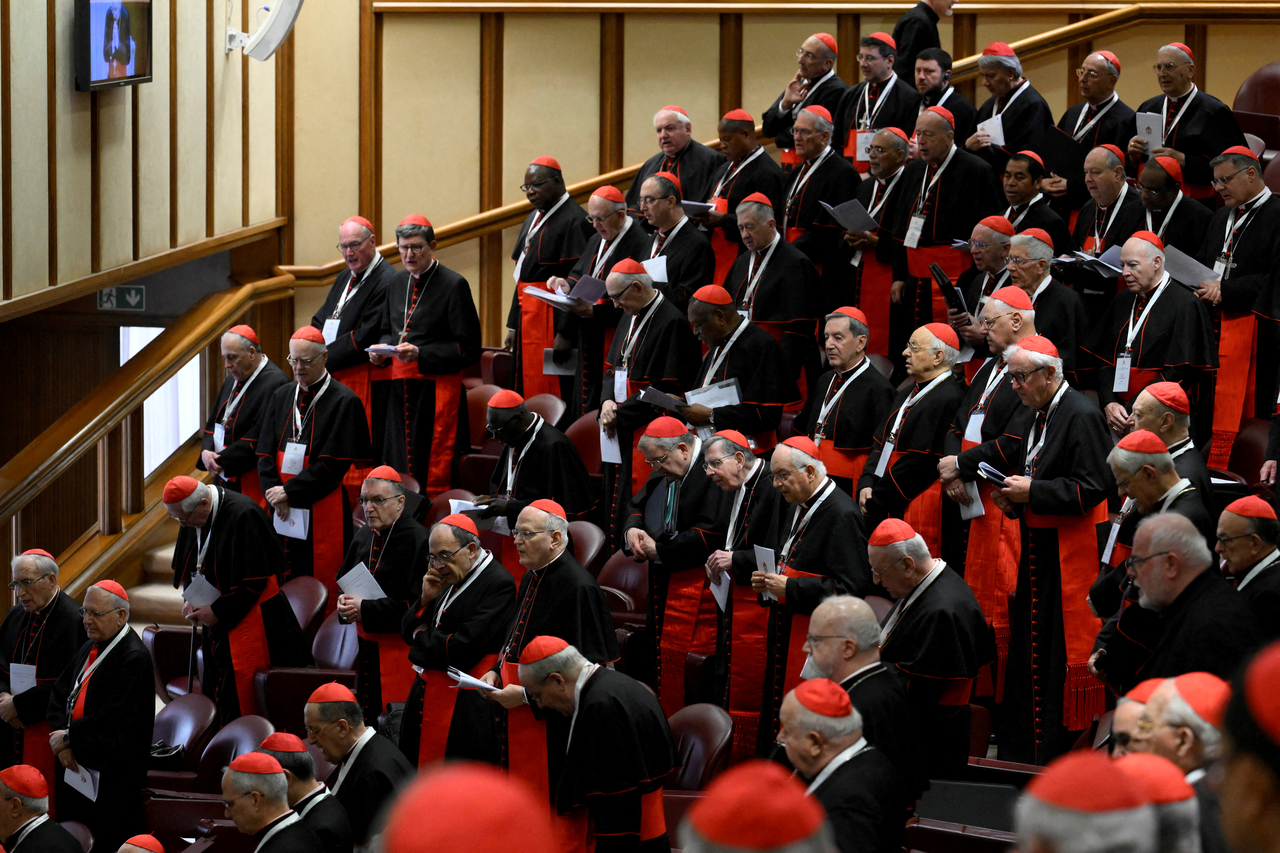 Cardinals participate in a general congregation meeting at the Vatican, Monday. (Handout via Reuters)