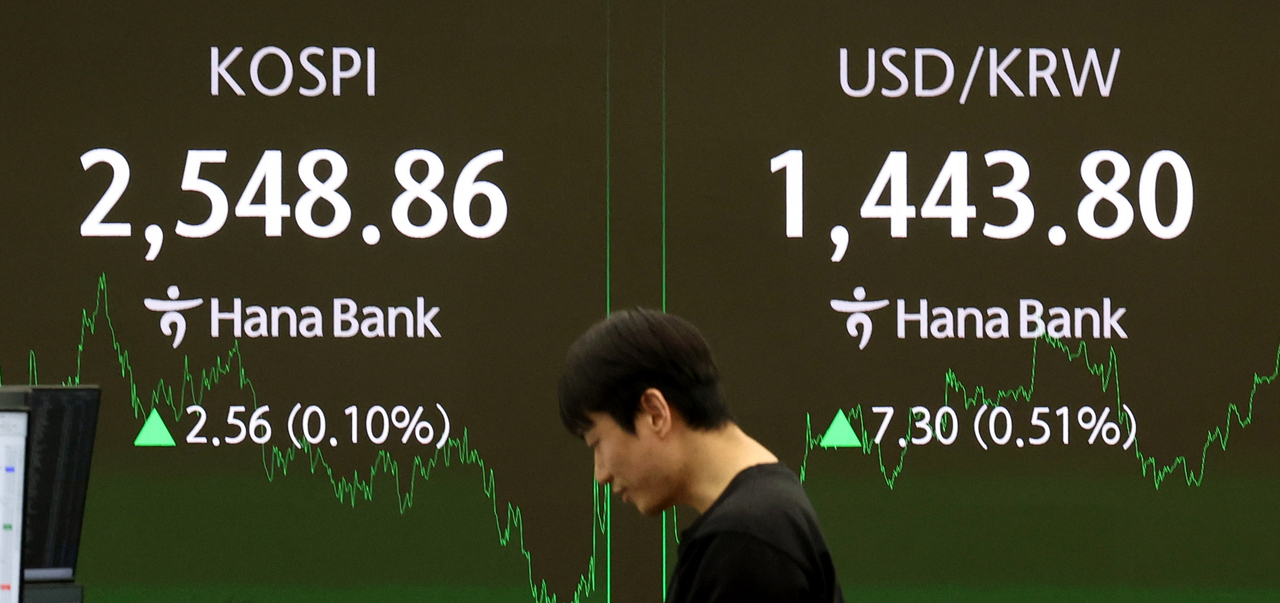 An electronic board showing the Korea Composite Stock Price Index at a dealing room of the Hana Bank headquarters in Seoul on Monday. (Newsis)