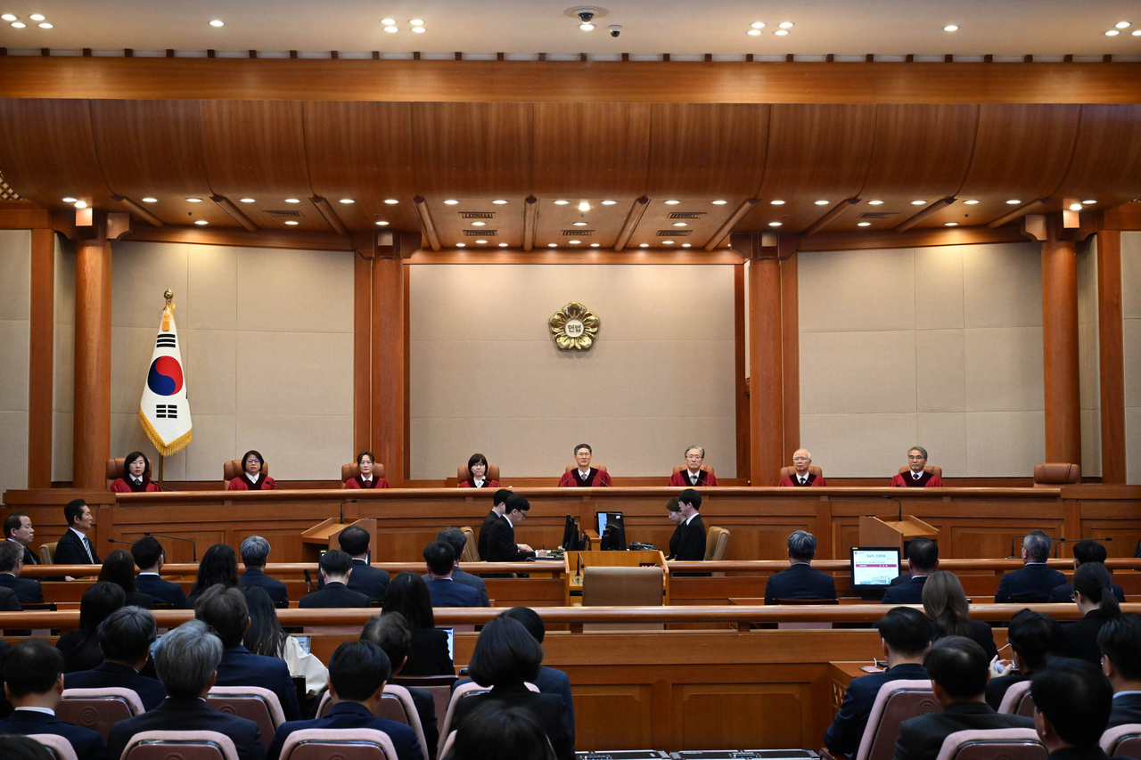 윤석열 전 대통령 파면이 선고됐던 지난 4일 서울 종로구 헌법재판소 대심판정에 헌법재판관들이 착석해 있다. [연합]
