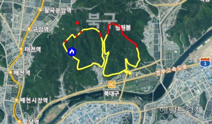 29일 오전 9시 기준 대구 산불 실시간 상황도. 빨간 선은 ‘화선’, 노란 선은 ‘진화완료’를 뜻한다. [산림청 실시간 산불정보 캡처]