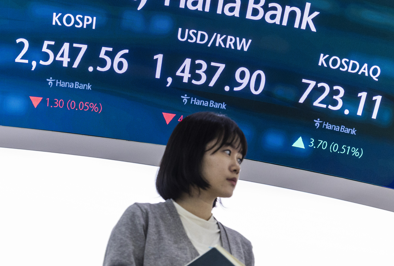 An electronic board showing the Korea Composite Stock Price Index at a dealing room of the Hana Bank headquarters in Seoul on Tuesday. (Yonhap)