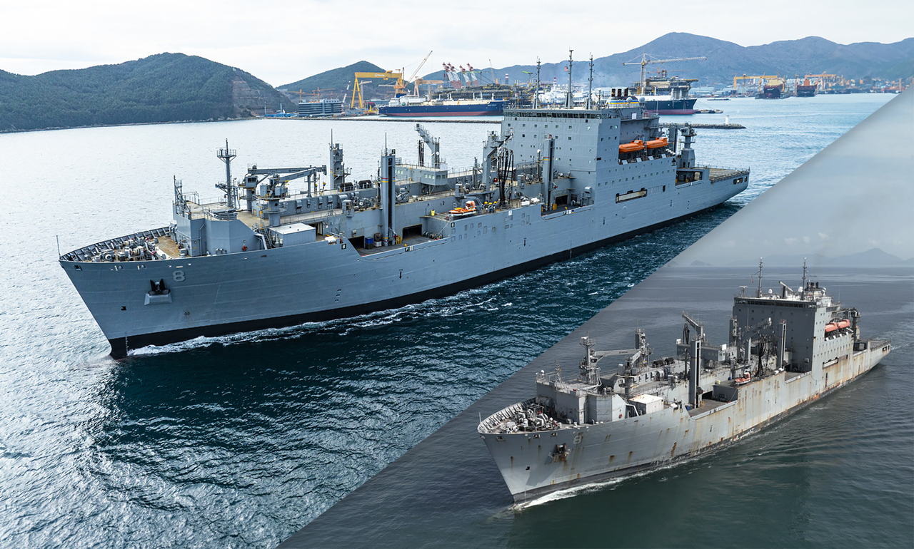 US Navy's supply vessel USNS Wally Schirra departs Hanwha Ocean's shipyard in Geoje in March after a six-month overhaul and repairing. The image in the lower right shows the ship before the overhaul. (Hanwha Ocean)