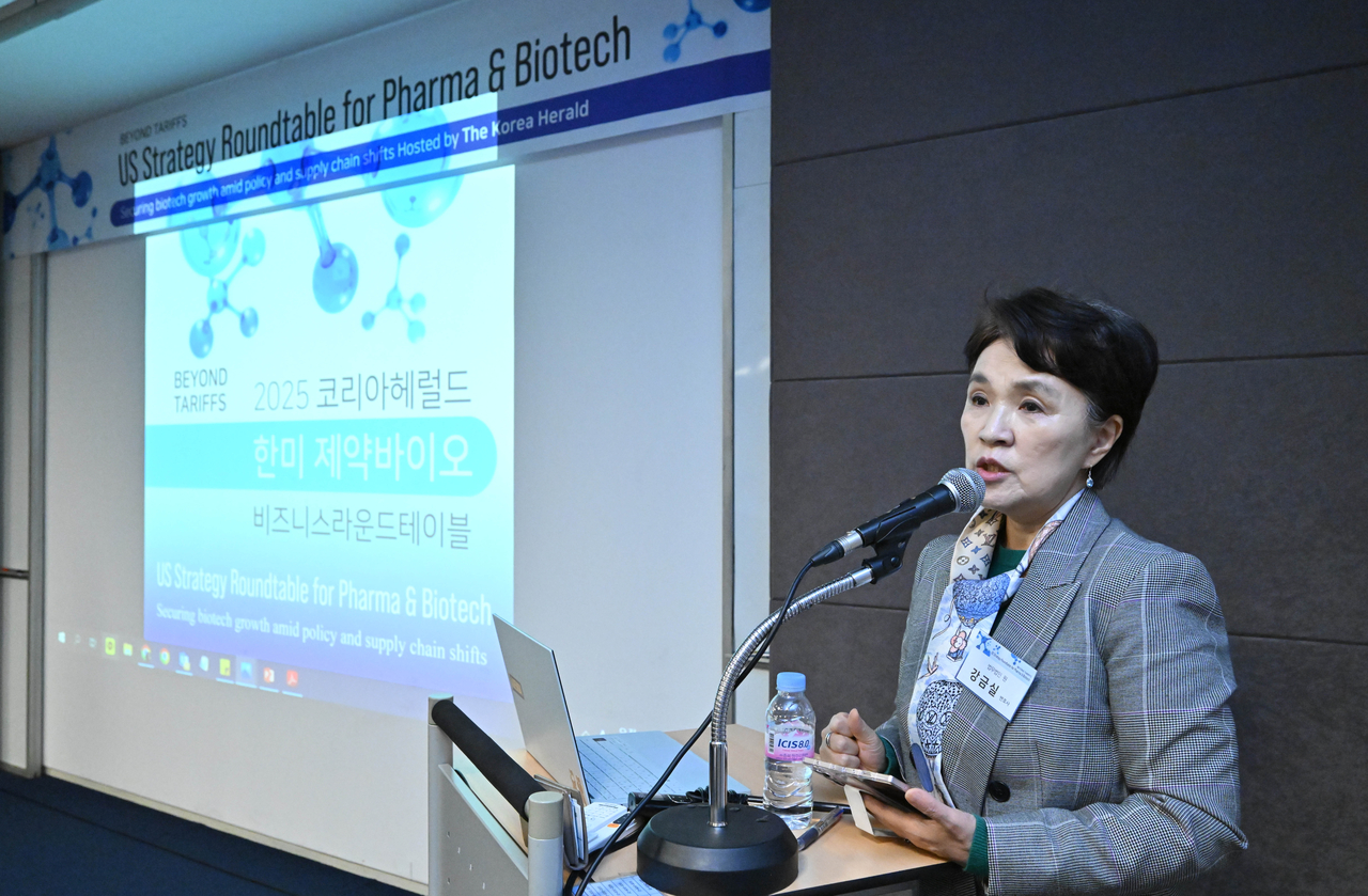 Former Justice Minister Kang Kum-sil, now a partner at One Law Partners, delivers welcoming remarks at the 2025 US Strategy Roundtable for Pharma and Biotech held at the Korea Chamber of Commerce and Industry on Tuesday. (Im Se-jun/The Korea Herald).