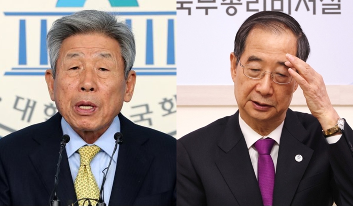 유인태 국회 전 사무총장(왼쪽)은 30일 대선 출마가 임박한 한덕수 대통령 권한대행 국무총리에 대해 “이해가 안 간다. 떠밀려 나오는 것 같다”고 밝혔다. [연합]