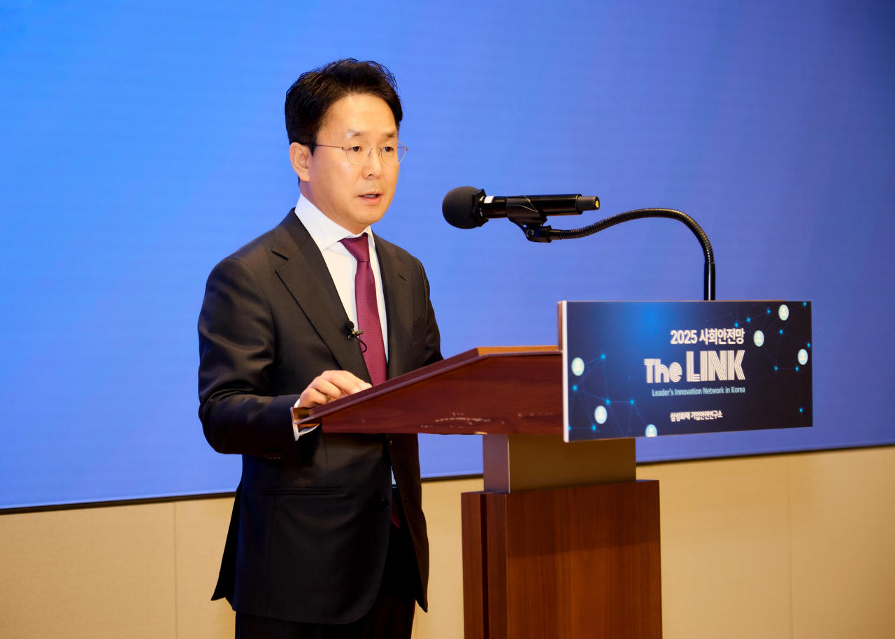 지난 29일서울 서초구 삼성금융캠퍼스에서 열린 ‘사회안전망 The LINK’ 행사에서 이문화 삼성화재 사장이 환영사를 하고 있다. [삼성화재 제공]