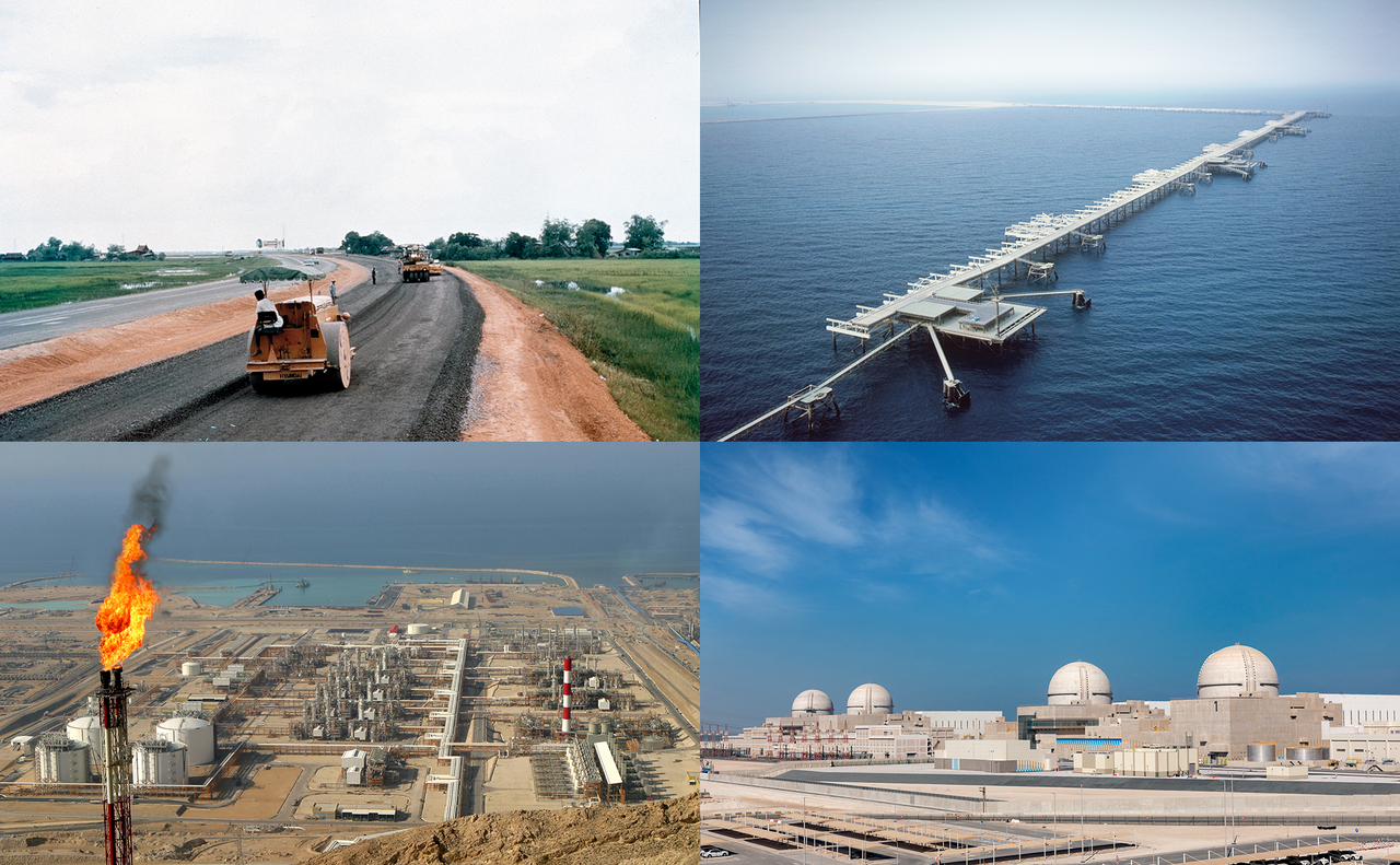 Photos of Hyundai E&C projects selected among Korea's "Top 10 Overseas Construction Projects." Clockwise from top left: Pattani–Narathiwat Highway, Jubail Industrial Port, Barakah Nuclear Power Plant and South Pars Gas Field Plant (Hyundai E&C)