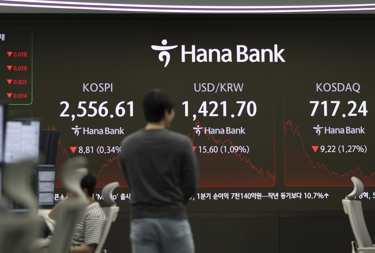 An electronic board showing the Korea Composite Stock Price Index at a dealing room of the Hana Bank headquarters in Seoul on Wednesday. (Yonhap)