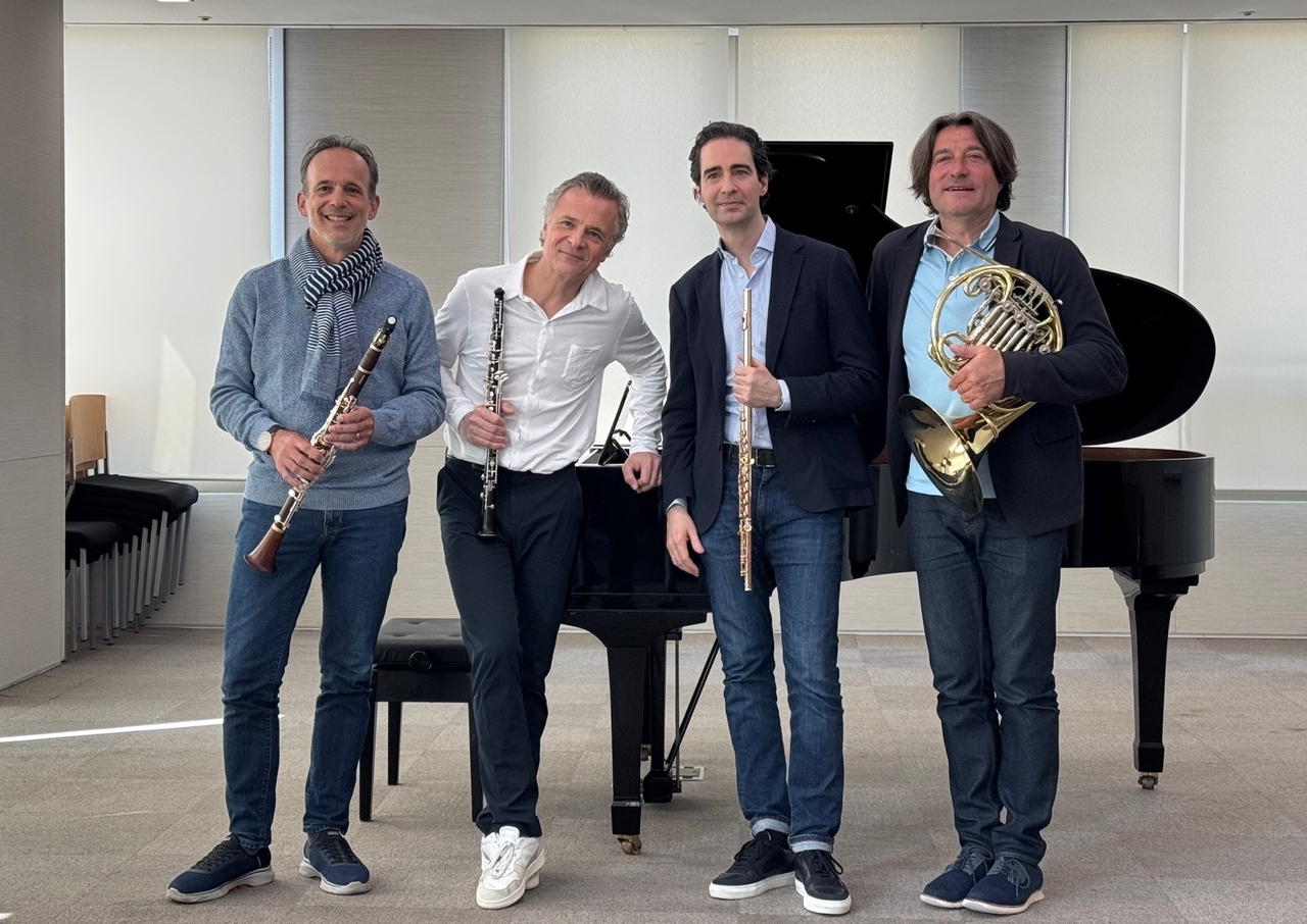 From left: Clarinetist Romain Guyot, oboist Olivier Doise, flutist Matthieu Gauci-Ancelin and horn player Herve Joulain pose for a photo during an interview Wednesday in Insa-dong, Jongno-gu, Seoul. (Park Ga-young/The Korea Herald)
