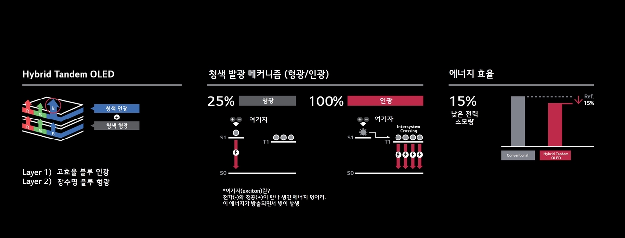 유기발광다이오드(OLED) 패널의 발광 방식인 형광과 인광의 메커니즘 구조도. 형광은 전기가 들어오면 바로 반응해 빛을 내는 반면, 인광은 전기를 받은 뒤 잠시 에너지를 저장했다가 빛을 내는 방식이다. 기술 난도는 높지만 발광 효율이 100%에 달한다. [LG디스플레이 제공]