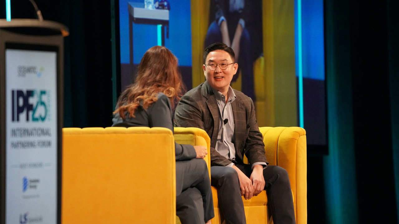LS Cable & System CEO Koo Bon-kyu (right) is interviewed on the stage at the International Partnering Forum 2025, Tuesday in Virginia. (LS Cable & System)