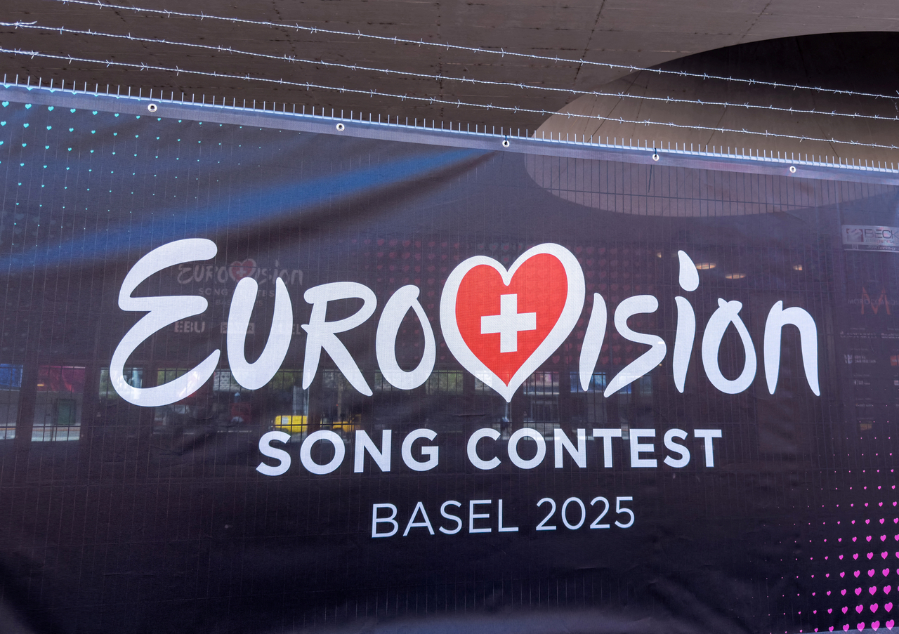 A logo of the Eurovision Song Contest is seen in front of the St. Jakobhalle in Basel, Switzerland, Wednesday.   (Reuters-Yonhap)