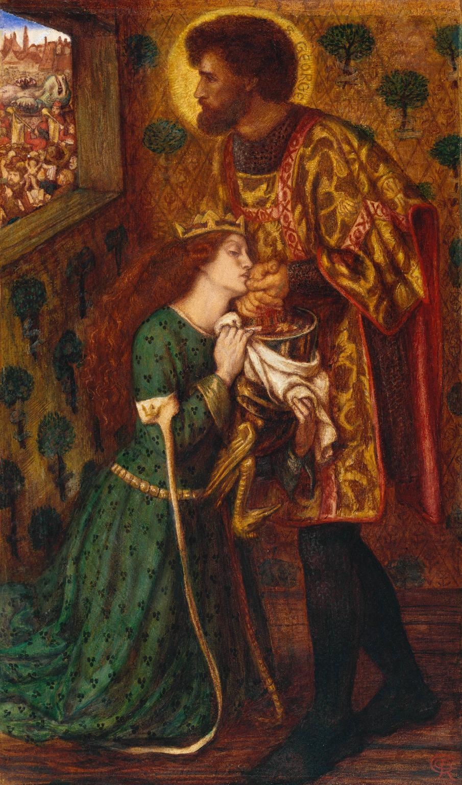 단테 가브리엘 로제티, 세인트 조지와 사브라 공주, 1862, 종이에 수채, 52.4x30.8cm, 테이트 브리튼. 엘리자베스 시달이 사브라 공주 역을 맡았다.