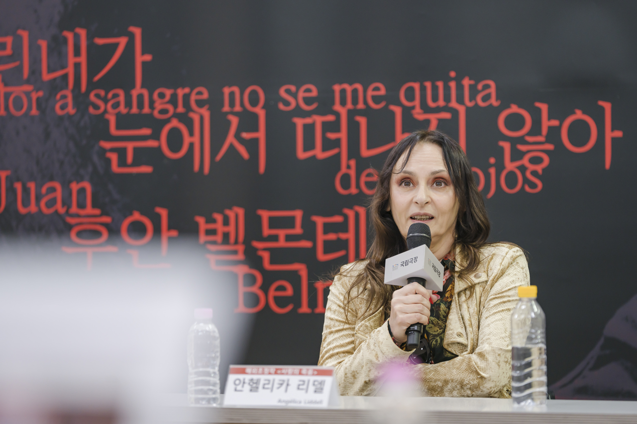 Angelica Liddell speaks during an interview at the National Theater of Korea on Wednesday. (National Theater of Korea)