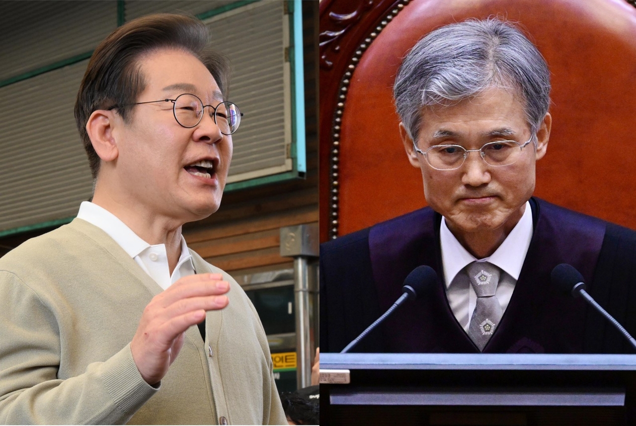 Rep. Lee Jae-myung (left) and Supreme Court Chief Justice Jo Hee-de (Yonhap)