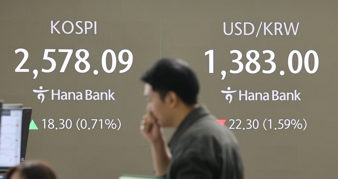 An electronic board showing the Korea Composite Stock Price Index at a dealing room of the Hana Bank headquarters in Seoul on Wednesday. (Yonhap)