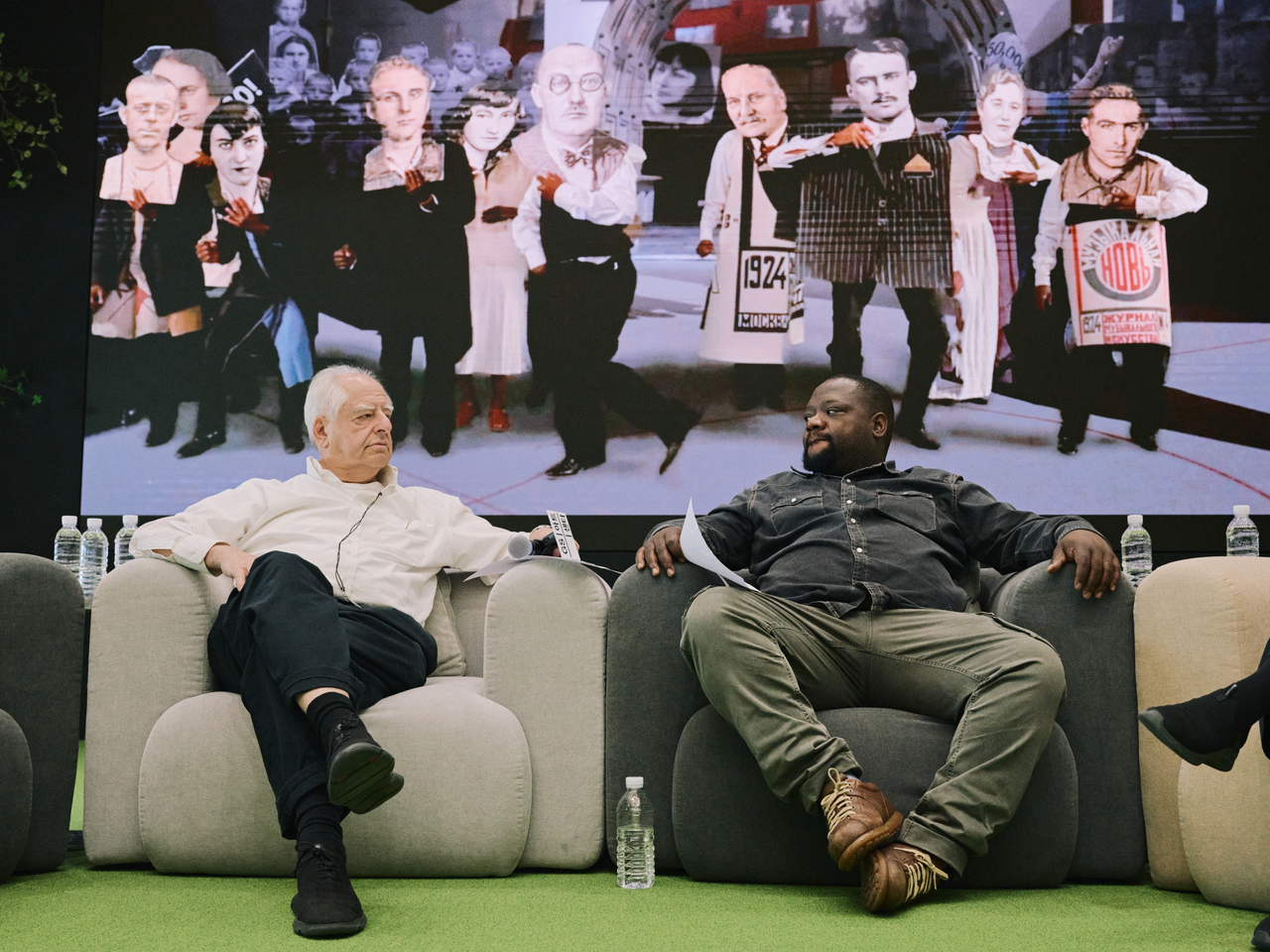 South African visual artist and filmmaker William Kentridge (left) and composer Nhlanhla Mahlangu participate in a press conference held at the GS Arts Center in Seoul, Wednesday. (GS Arts Center)