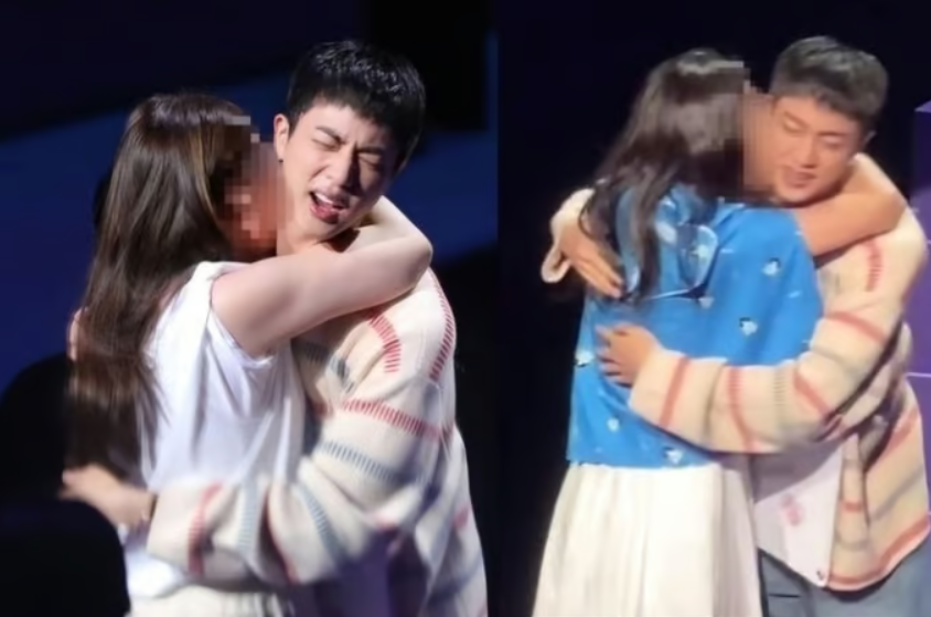 지난해 6월13일 서울 송파구 잠실실내체육관에서 BTS 데뷔 11주년을 기념해 열린 포옹 행사에서 여성 팬들이 공지를 어기고 진의 볼에 기습 입맞춤을 하고 있다. 진이 괴로워하는 표정이 포착되면서 일부 팬들은 사진 속 여성을 성추행 혐의로 고발 했다. [온라인 커뮤니티 갈무리]