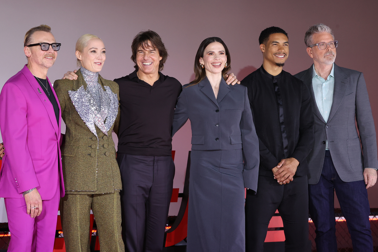 From left: Actors Simon Pegg, Pom Klementieff, Tom Cruise, Hayley Atwell, Greg Tarzan Davis and director Christopher McQuarrie pose during the press conference for "Mission: Impossible -- The Final Reckoning" at Lotte Cinema World Tower in Seoul on Thursday. (Yonhap)