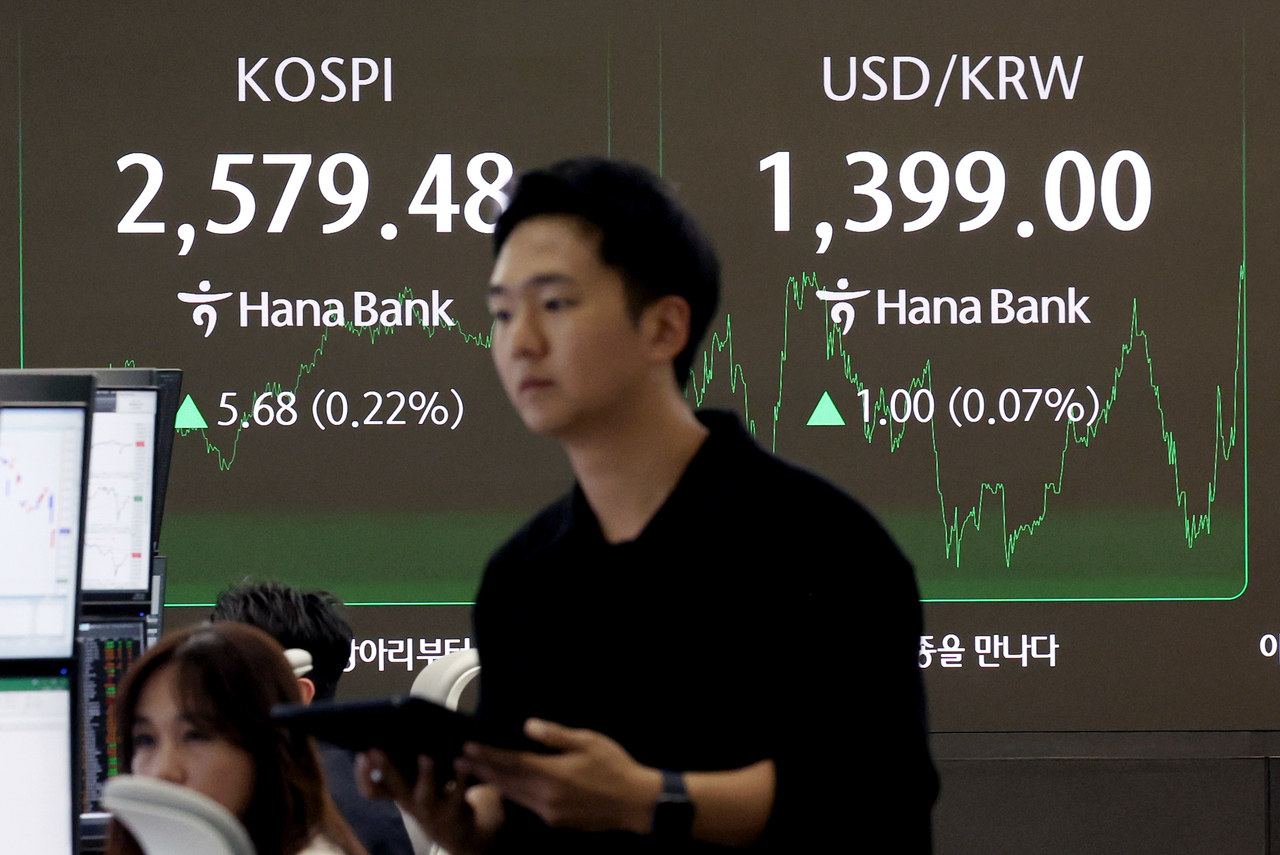 An electronic board showing the Korea Composite Stock Price Index at a dealing room of the Hana Bank headquarters in Seoul on Thursday. (Newsis)