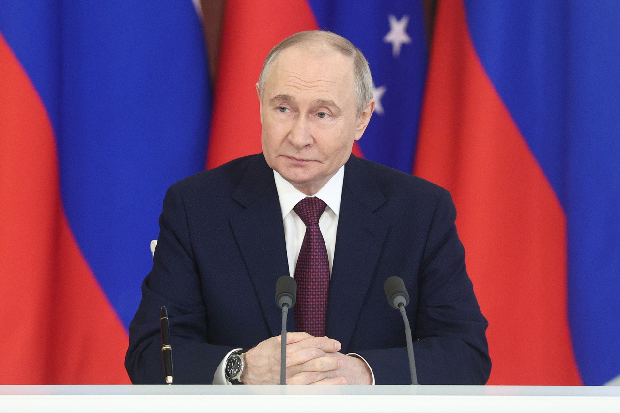 Russia's President Vladimir Putin gives a press conference in Moscow, Wednesday. (Tass-Yonhap)