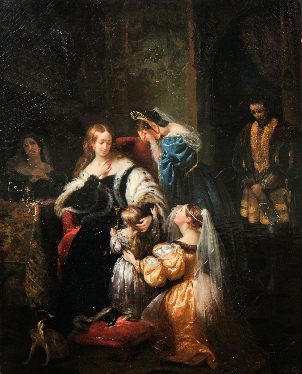 에메 브뢴 페이지(Aimée Brune-Pagès), 앤 불린의 유죄 판결, 1832, 캔버스에 유채, 100.5x82cm, 피카르디 미술관
끝내 사형 판결을 받은 앤 불린이 결과에 체념하는 듯한 모습을 보인다. 앤은 그녀에게 안겨드는 딸, 엘리자베스의 머리를 쓰다듬는다. 신하와 시녀는 슬픔에 좌절하는 모습이다.