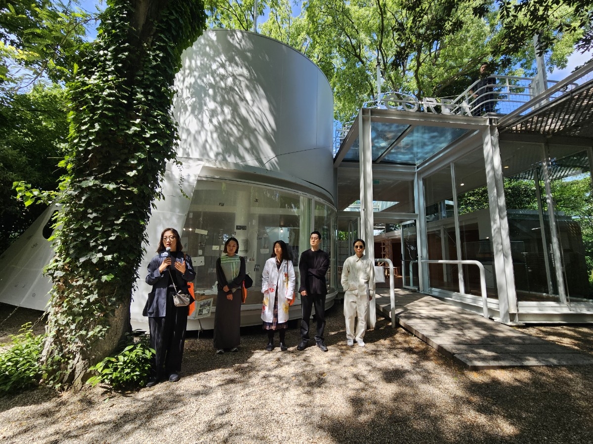 From left: Curator Chung Da-hyoung and architects Lee Dammy, Young Ye-na, Kim Hyun-jong and Park Hee-chan speak at the opening of the Korean Pavilion in the Giardini as part of the Venice Biennale 2025. (Park Yuna/The Korea Herald)