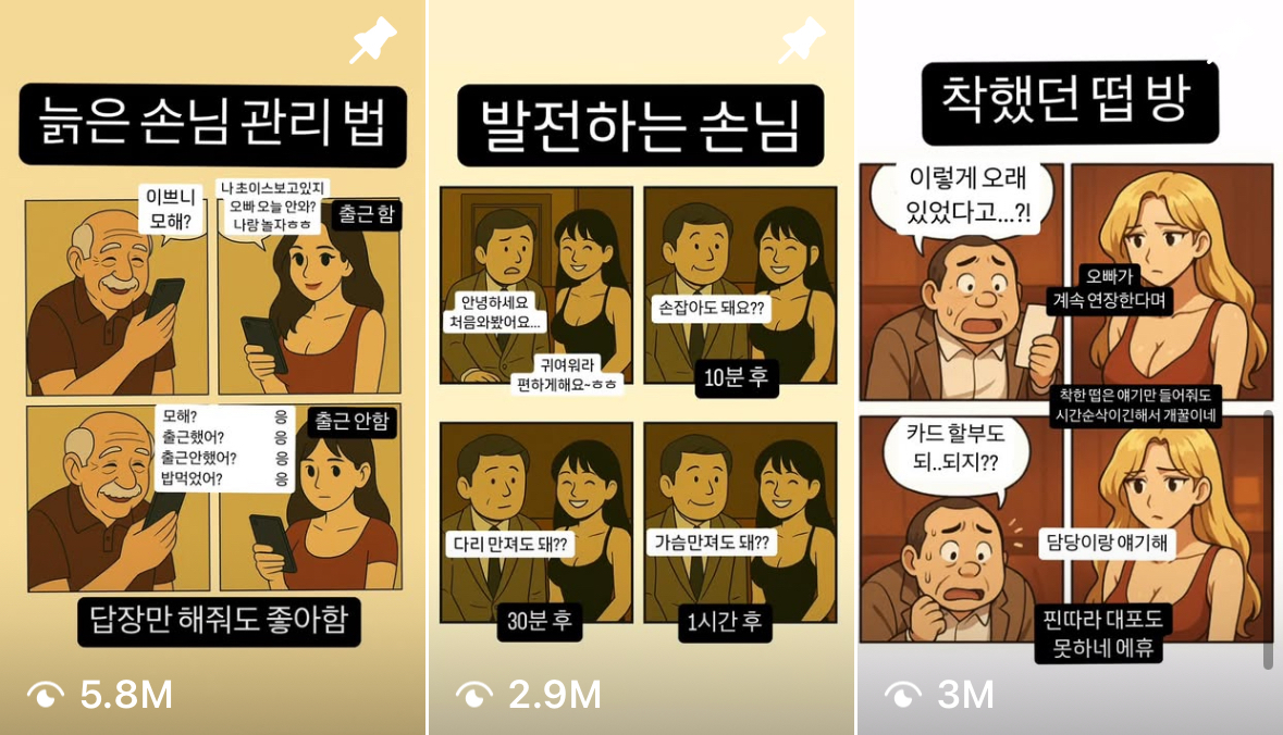 Four-panel cartoons, generated through ChatGPT, depict the working environments of sex workers in South Korea. (Screenshotted from Instagram)