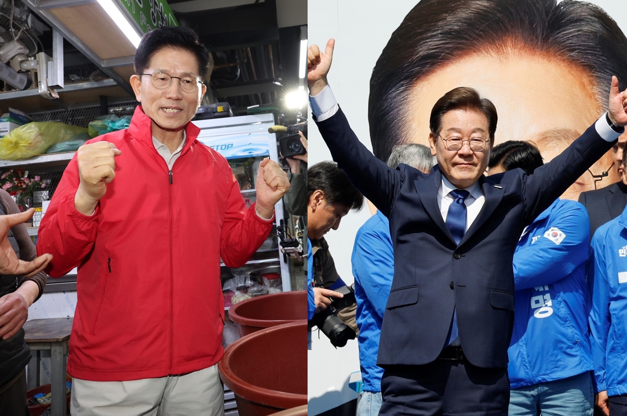 People Power Party candidate Kim Moon-soo (left) meets with vendors at Garak Market in Seoul’s Songpa-gu, while Democratic Party of Korea candidate Lee Jae-myung launches his campaign with a ceremony at Cheonggye Plaza in Seoul’s Gwanghwamun area on Monday. (Yonhap)