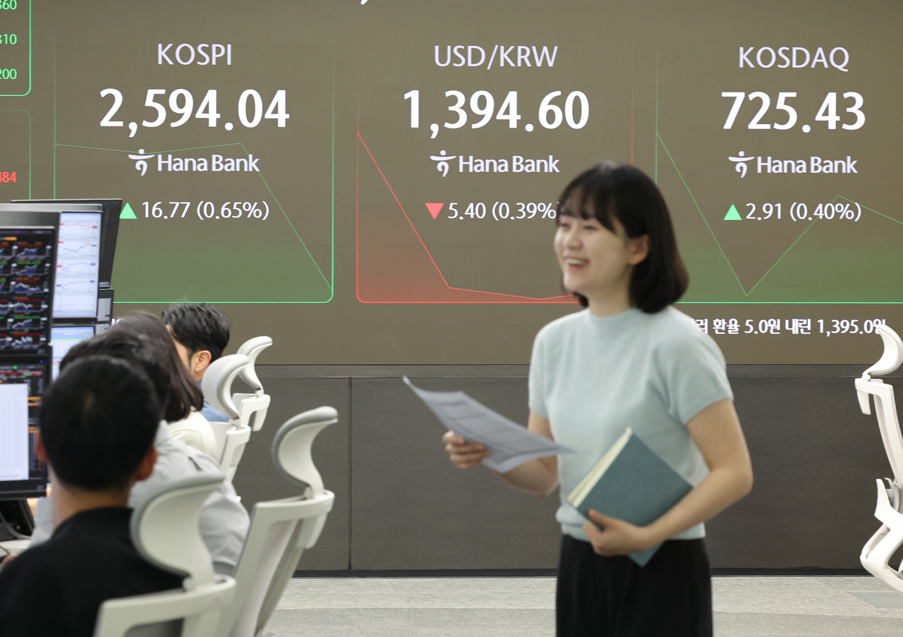 An electronic board showing the Korea Composite Stock Price Index at a dealing room of the Hana Bank headquarters in Seoul on Monday. (Yonhap)