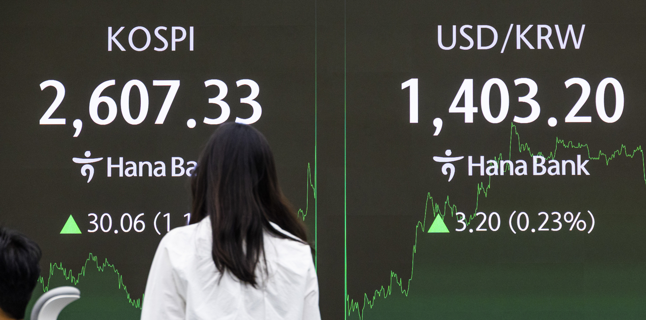 An electronic board showing the Korea Composite Stock Price Index at a dealing room of the Hana Bank headquarters in Seoul on Monday. (Yonhap)