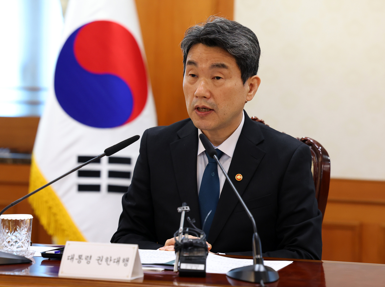 Acting President Lee Ju-ho presides over a ministerial meeting on support measures for the June 3 presidential election at the government complex in central Seoul on Monday. (Yonhap)