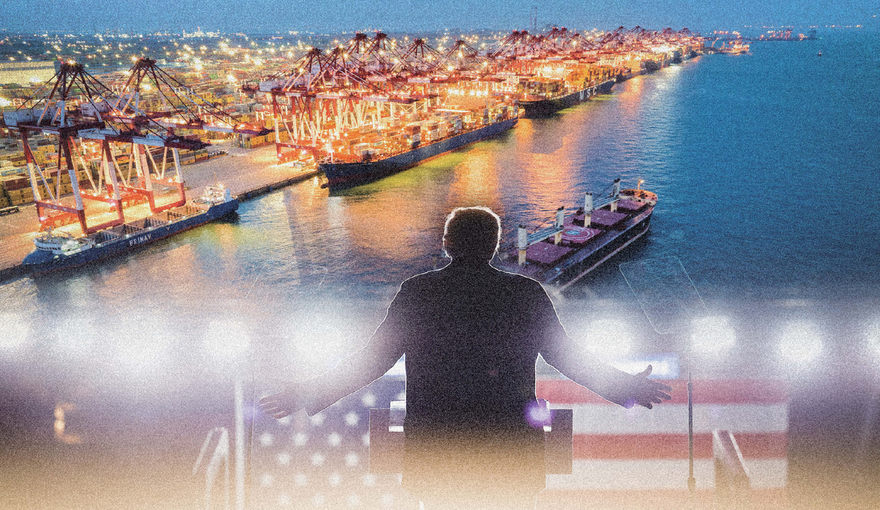 A container ship is sailing from a port in Qingdao, Shandong Province, China. Donald Trump, then the Republican presidential candidate, is delivering a speech at Santander Arena in Reading, Pennsylvania, on November 4, 2024. [Getty Images]
