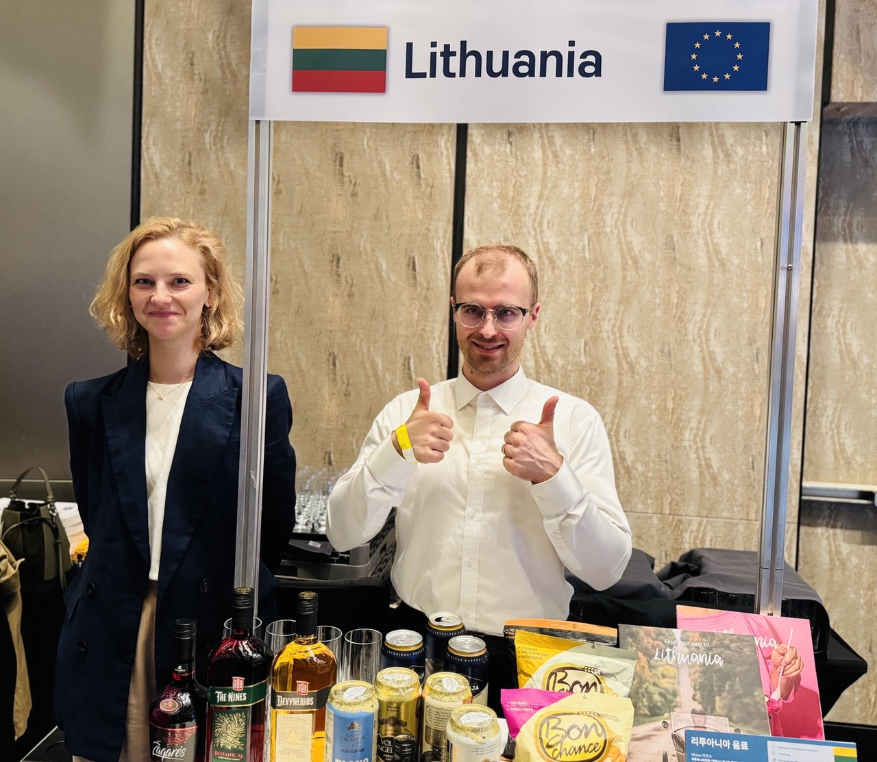 A booth of Lithuanian Embassy in Seoul showcasing Lithuanian drinks at 75th anniversary of Europe Day at Four Seasons Hotel in Seoul on Friday. (Sanjay Kumar/The Korea Herald)